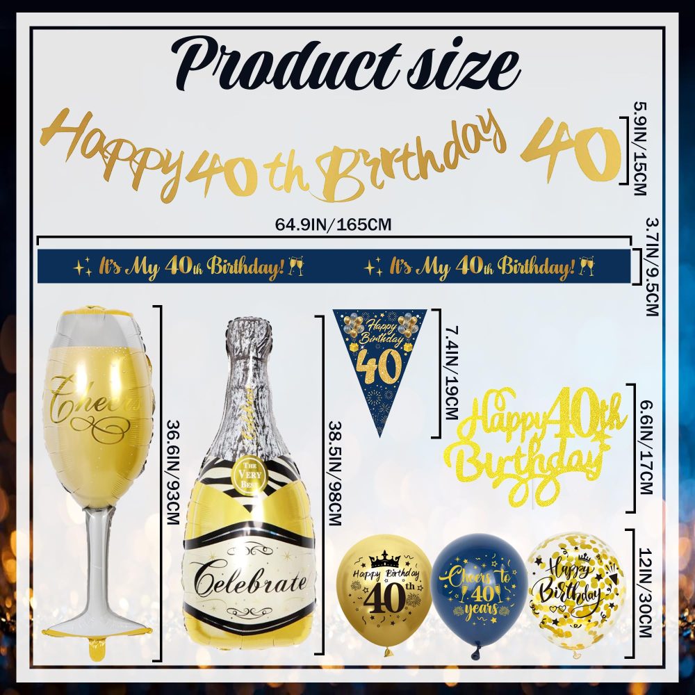 40th Birthday Decoration for Men - Blue Gold Happy 40th Birthday Banners Cake Topper Pennant Latex Balloons Wine Bottle Balloon Sash for 40th Birthday Party Supplies - Image 6