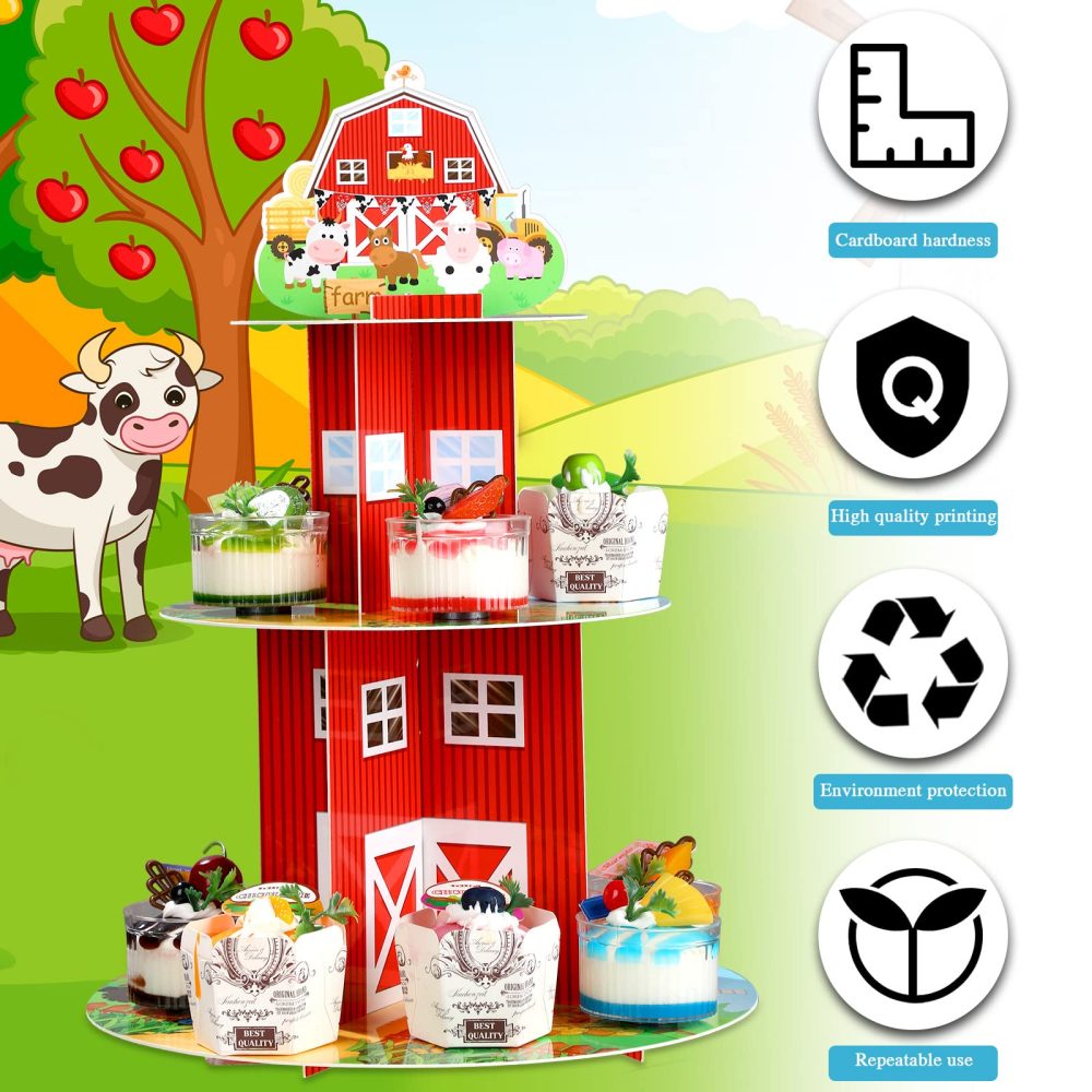 Farm Cupcake Stand 3 Tier Farm Theme Animal Cup Cake Holder Stand Cardboard Farmhouse Dessert Tower Round Barnyard Pastry Serving Platter for Farm Party Supplies Birthday Baby Shower Party Decorations - Image 6