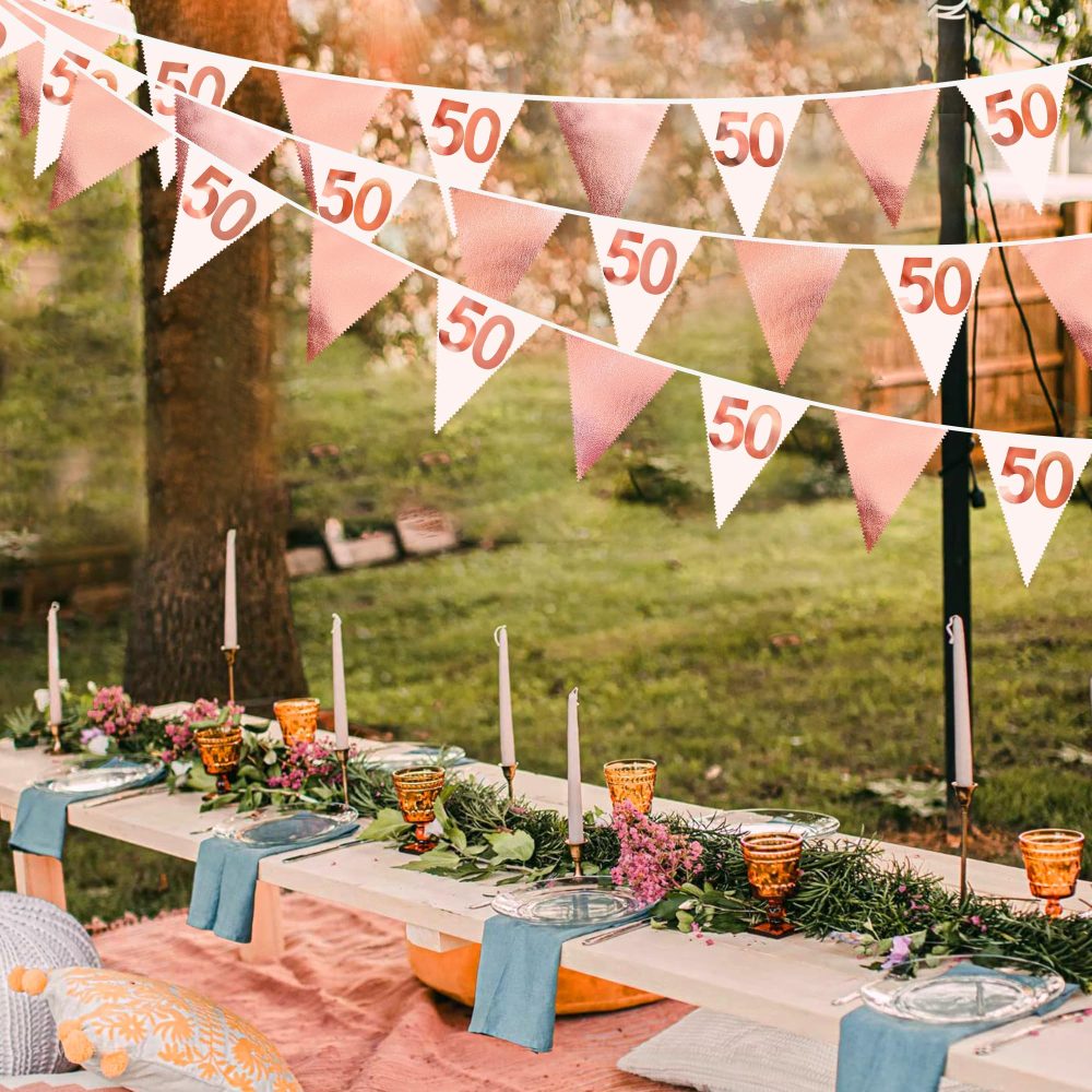 26FT Rose Gold 50th Birthday Party Decorations Pink Fabric Pennant Banner Garland Streamers for Womens 50 and Fabulous Birthday Cheers to 50 Years Anniversary Home Outdoor Garden Decor Supplies - Image 6