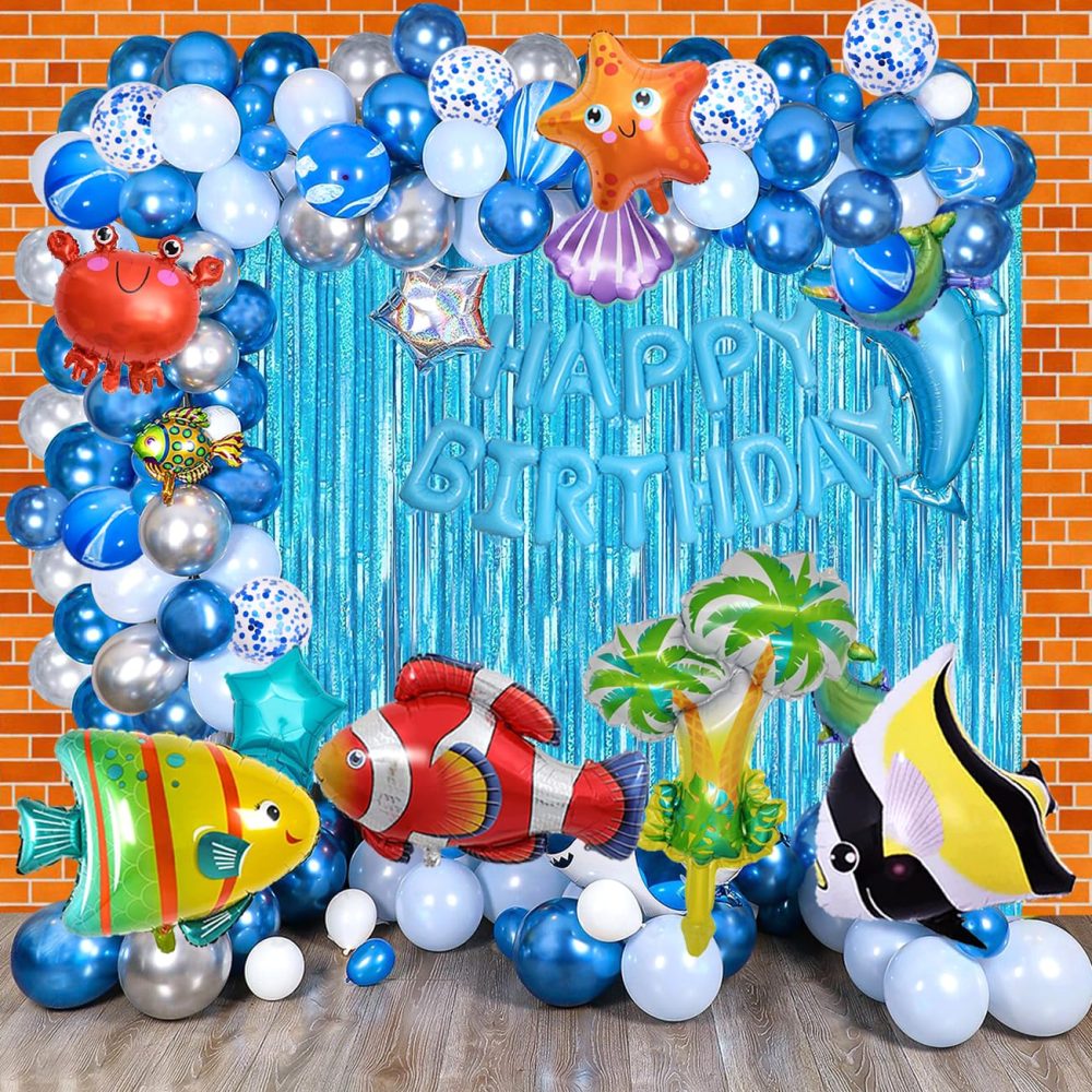 YinQin 176 PCS Ocean Blue Happy Birthday Party Balloons with Pump Under the Sea Birthday Balloons Decorations Fish Shark Birthday Balloons Set Blue Happy Birthday Party Supplies - Image 5