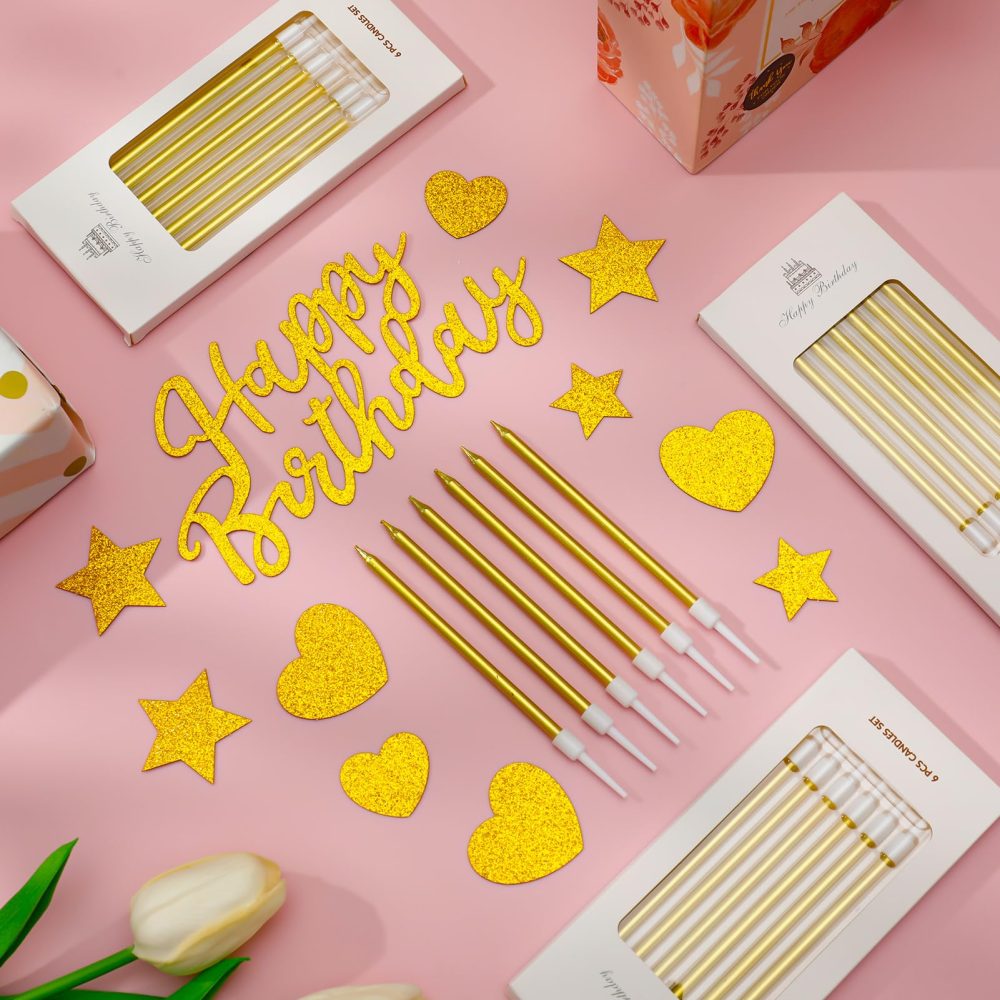 35pcs Birthday Candles Set, 24 Metallic Birthday Cake Candles 4.92'' Birthday Candles with Holder with 11 Glitter Happy Birthday Cake Toppers for Celebration Party Cake Decoration - Image 2