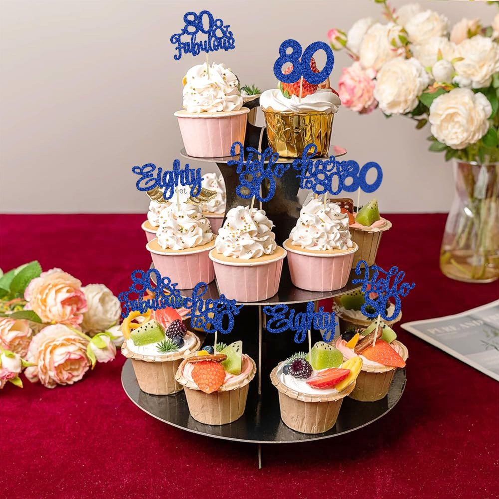 30Pcs Happy 80th Birthday Cupcake Toppers Eighty Cheers to 80 Years Old Birthday Cupcake Picks for Happy 80th Birthday Anniversary Party Cake Decorations Deep Blue Glitter - Image 5