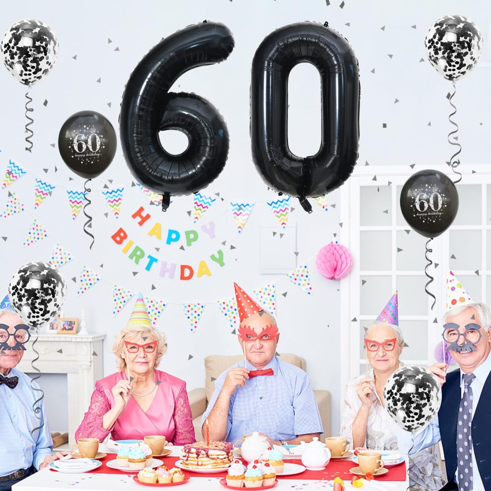 60th Birthday Decorations for Men, 60th Birthday Balloons with Black 40 Inch Foil Number 60 Balloon, Metallic Latex Balloons Birthday Print Confetti Balloons Set for Women 60th Balloons Decor Supplies - Image 6