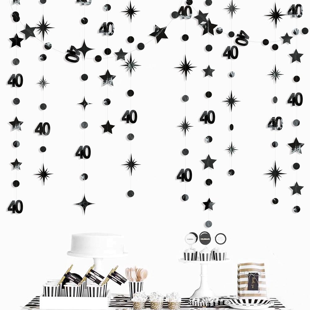 Black 40th Birthday Decorations Number 40 Circle Dot Twinkle Star Garland Metallic Hanging Streamer Bunting Banner Backdrop for Women Mens 40 Year Old Birthday Forty Anniversary Party Supplies - Image 2