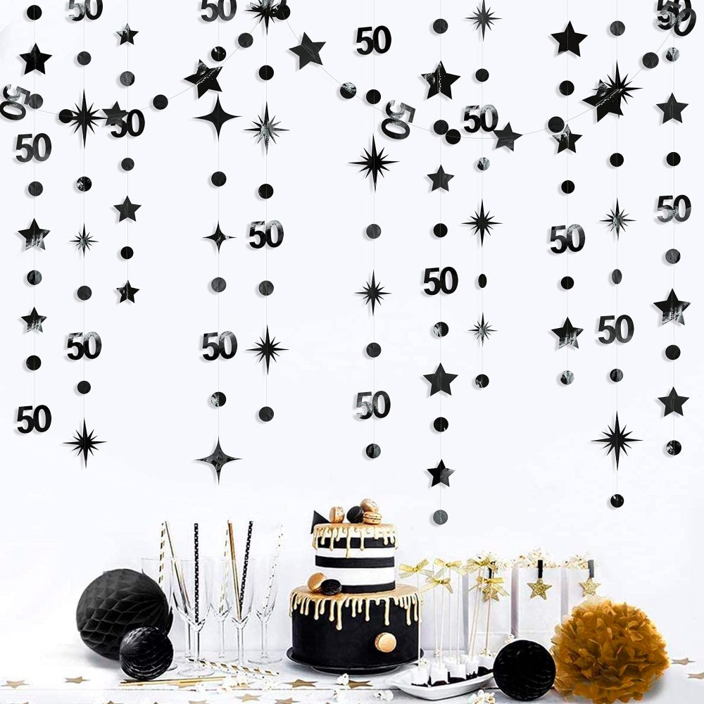Black 50th Birthday Decorations Number 50 Circle Dot Twinkle Star Garland Metallic Hanging Streamer Bunting Banner Backdrop for 50 Year Old Birthday Happy 50th Anniversary Fiftieth Party Supplies - Image 2