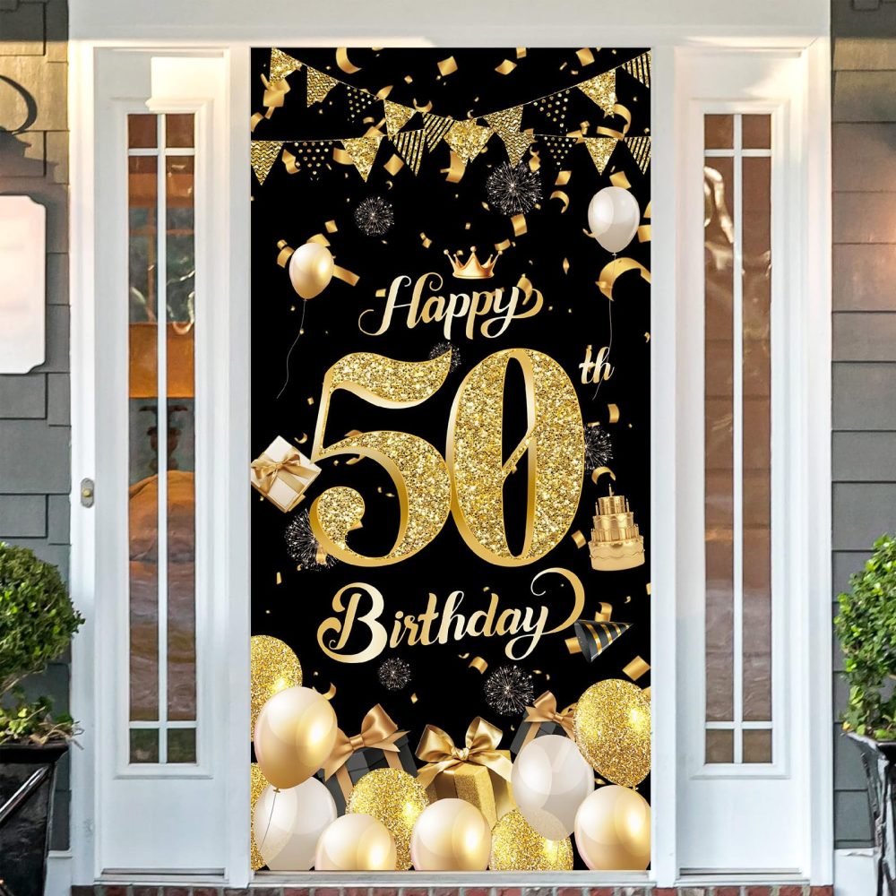 50th Birthday Door Banner,Black Gold 50th Birthday Decorations,Happy 50th Birthday Party Backdrop Banner,50th Birthday Door Hanging Banner for Women Men Birthday Party Photo Booth Supplies(90*185cm)