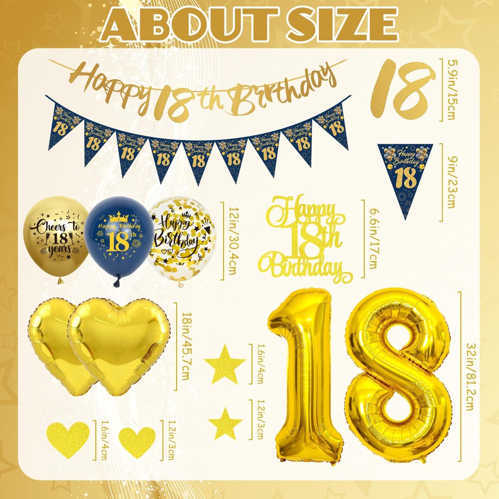 18th Birthday Decorations for Boys - Blue and Gold 18th Birthday Banners Pennant Cake Topper Latex Balloon Number Balloon Heart Foil Balloon Suitable for 18th Birthday Party Supplies - Image 6