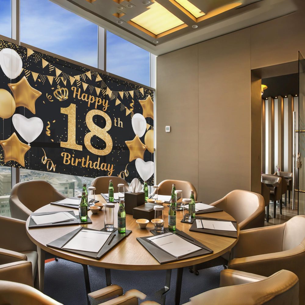 Happy 18th Birthday Banner 18th Photo Backdrop Black Gold Birthday Party Background Supplies Backdrop Props, Birthday Decorations for Men and Women 18th Backdrop Banner Photo Booth Sign 180×110cm - Image 5