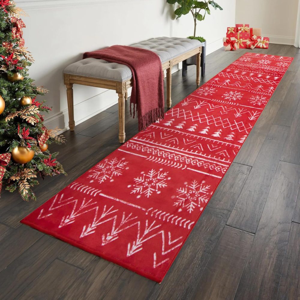 Carvapet Christmas Runner Rug for Hallway 60x300cm Soft Long Floor Carpet Runner Non Slip Washable Microfiber Snowflake Xmas Red Area Rug for Entryway Corridor Kitchen Laundry Room