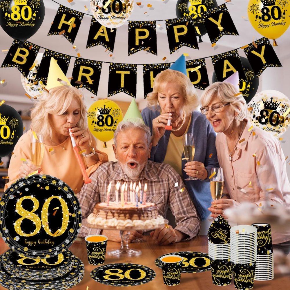 80th Birthday Decorations Party Tableware Set, Black Gold 80th Birthday Paper Party Plates Cups Napkins Tablecloth Balloons for Women Men 80th Birthday Party Decorations Table Supplies, 16 Guests - Image 5