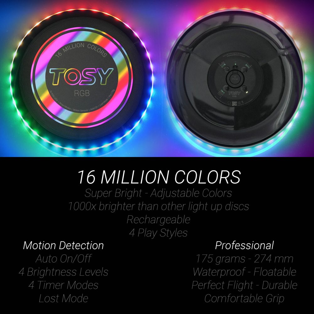 TOSY Flying Disc - 16 Million Color RGB or 36 or 360 LEDs, Extremely Bright, Smart Modes, Auto Light Up, Rechargeable, Perfect Birthday & Camping Gift for Men/Boys/Teens/Kids, 175g frisbees - Image 5