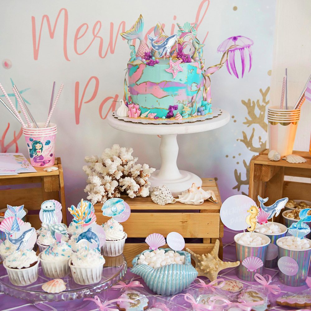 Gyufise 36Pcs Mermaid Cupcake Toppers Under the Sea Turtles Octopus Mermaid Tail Cupcake Picks Seahorse Coral Cake Decorations for Under the Sea Theme Baby Shower Birthday Party Supplies - Image 3