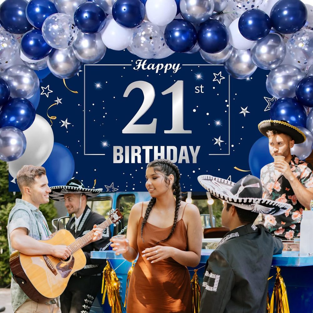 Navy Blue 21th Birthday Decorations Birthday Backdrop Banner Background, 60Pcs Balloons Birthday Party Decoration for Indoor Outdoor Table Garden Wall Photo Backdrop Decoration Supplies (21) - Image 2