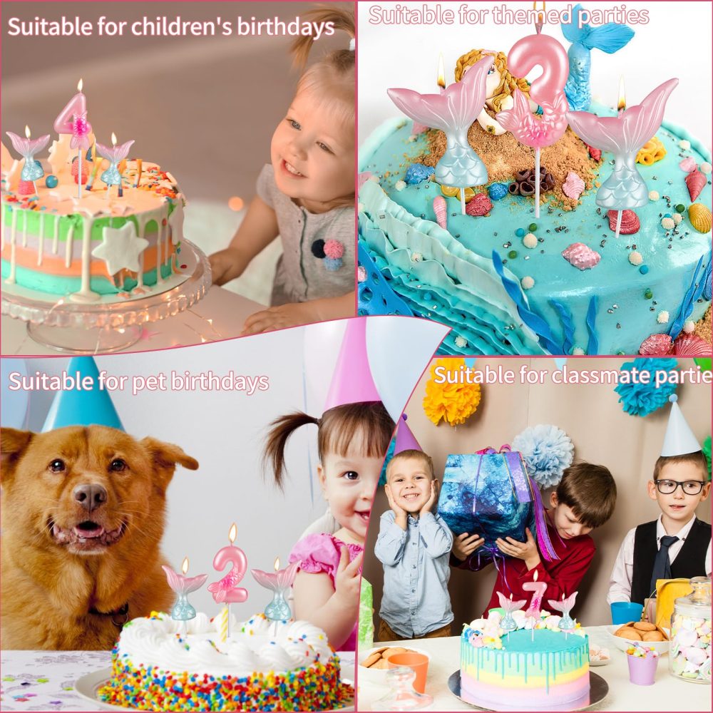 Mermaid Number Candles Set, 3PCS Pink Blue Birthday Cake Candles,Number 3 Mermaid with Tail Pink Theme Birthday Cake Decoration for Girls Baby - Image 3