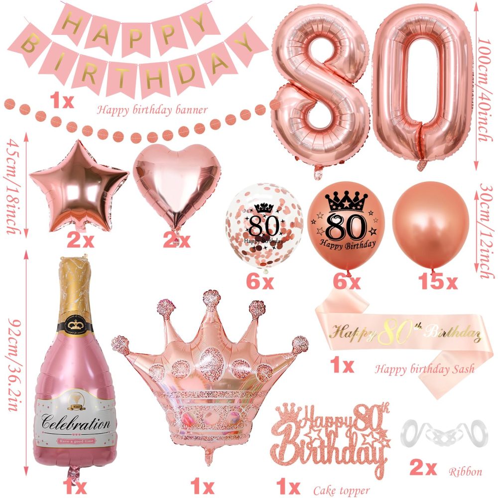 80th Birthday Decorations, 80th Birthday Decorations for Women, WKxinxuan 80th Birthday Banner 80 Balloons 80th Cake Topper 80th Sash Champagne Crown Foil Balloon for Her - Image 7