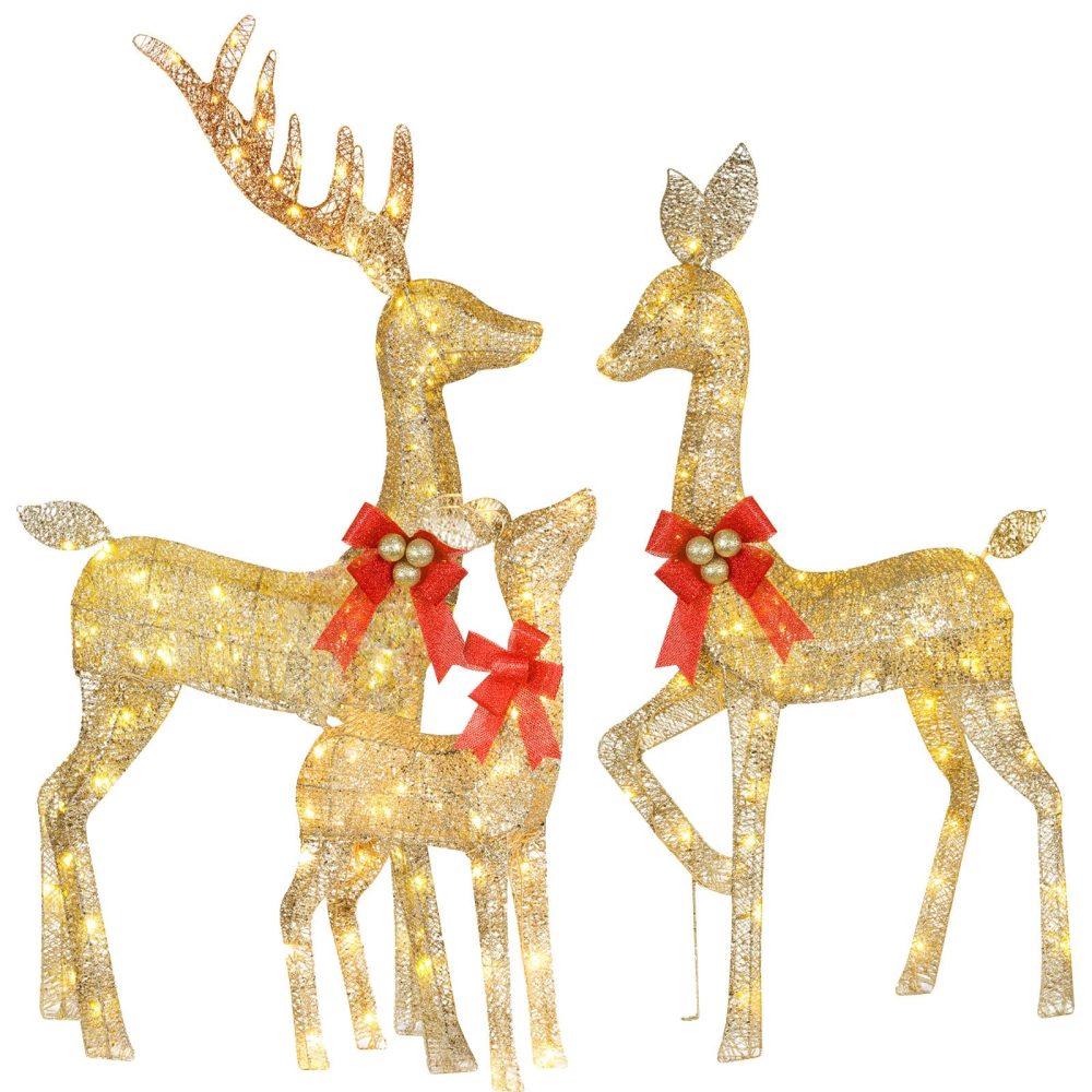 HOYECHI Lighted Christmas Decoration Deer 3 Piece, Light up Christmas Decor Reindeer Family Set for Indoor Outdoor Front Yard Porch with LED Lights, Plug, Extension Cord, Ground Stakes - Gold - Image 2