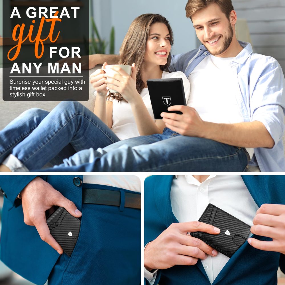 TEEHON Mens Wallets Slim RFID Blocking Carbon Fiber Leather Wallets Mens with up to 12 Credit Card Holder, Strong Money Clip & ID Window Minimalist Bi-Fold Wallets for Men UK with Gift Box - Black - Image 2