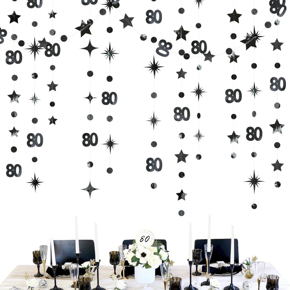 Black 80th Birthday Decorations Number 80 Circle Dot Twinkle Star Garland Metallic Streamer Bunting Banner Backdrop for Women Mens Cheers to 80 Years Old Birthday 80th Anniversary Party Supplies