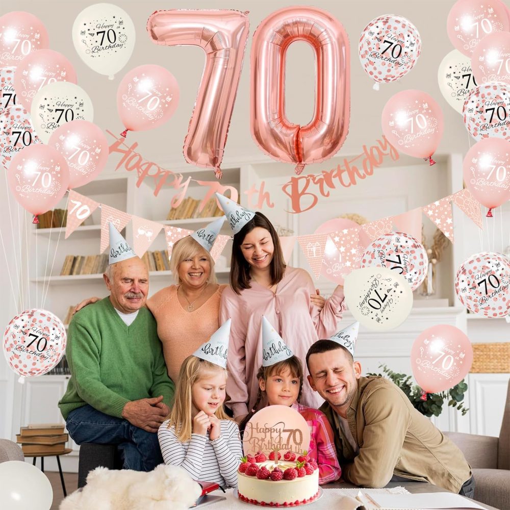 Rose Gold 70th Birthday Decorations for Men Women,Happy 70th Birthday Banner Bunting,70th Cake Topper,Number 70 Foil Balloon,70th Birthday Balloons Set for Adult Him Her 70th Birthday Party Decoration - Image 2