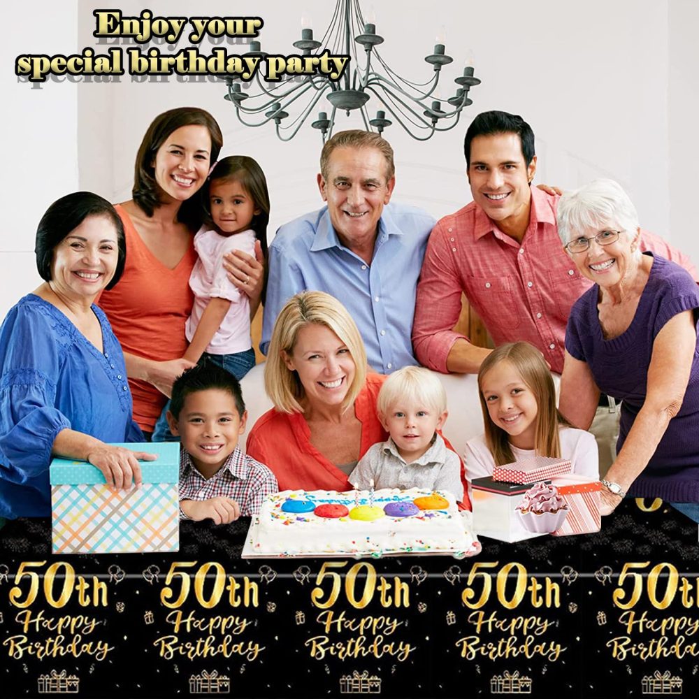 YTUGCG 50th Birthday Table Cloth, 137x274cm Black and Gold 50th Birthday Party Table Decoration, Plastic Disposable Waterproof Rectangular Table Cover for Women, Birthday Gifts Party Table Decoration - Image 3