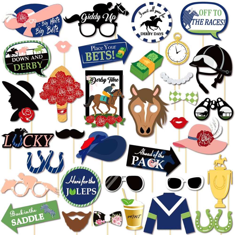 Qpout 35 Pack Horse Race Party Photo Booth Props,Party Horse Race Grand National Decoration Photo Props, Horse Race Party Favour Photography Backdrop Decoration