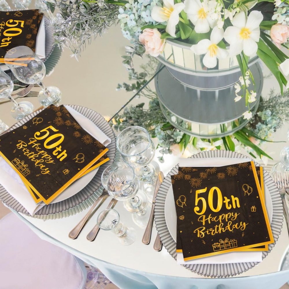 SZSMART Happy Birthday Black and Gold Napkins, 48pcs Party Napkins, Birthday Napkins Happy Birthday Decorations Paper Tissues for Men,Women Birthday Party Supplies Table Decoration (50th) - Image 3