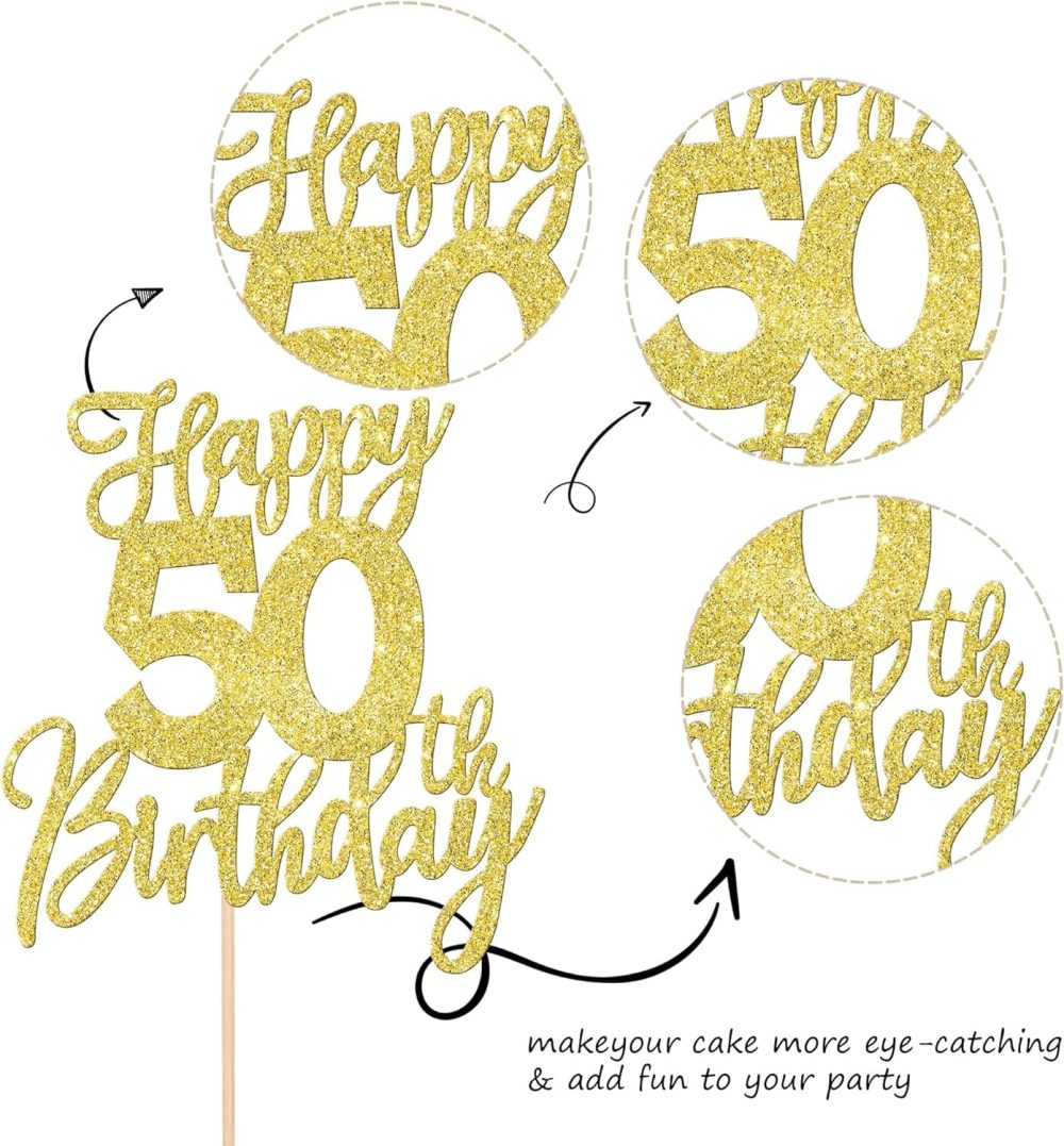 SYKYCTCY 1 Pack Happy 50th Birthday Cake Topper Gold Glitter Cheers to 50 Years Birthday Cake Pick 50 Fabulous Cake Decoration for Happy Birthday Theme Anniversary Party Supplies - Image 6