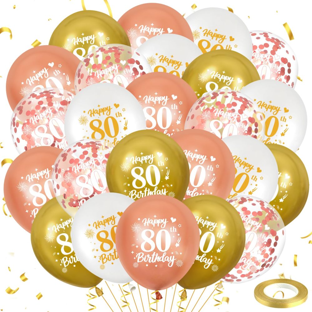 80th Birthday Balloons,24 Pcs Rose Gold and White Gold 80th Birthday Balloons, Rose Gold 80th Birthday Party Decorations Balloons for Women Men 80th Birthday Anniversary Decoration