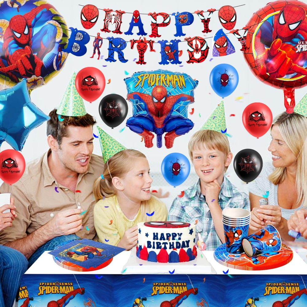 Spi-der Birthday Decoration, 75PCS Spidey Party Decorations Tableware Set, Superhero Birthday Decorations Including Plates Tablecloth Happy Birthday Banner Balloons for Boys Kids Theme Party Supplies - Image 3