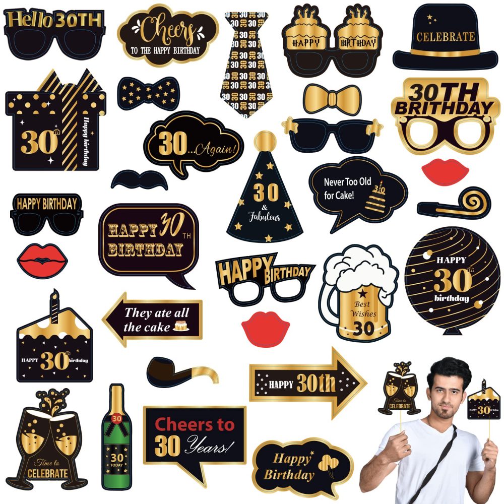 30th Birthday Photo Booth Props Kit,32PCS Black Gold Photobooth Props,30th Party Props Birthday Party Selfie Props Kit with Sticks for Men,Him,Happy 30th Birthday Party Decorations Supplies Favors