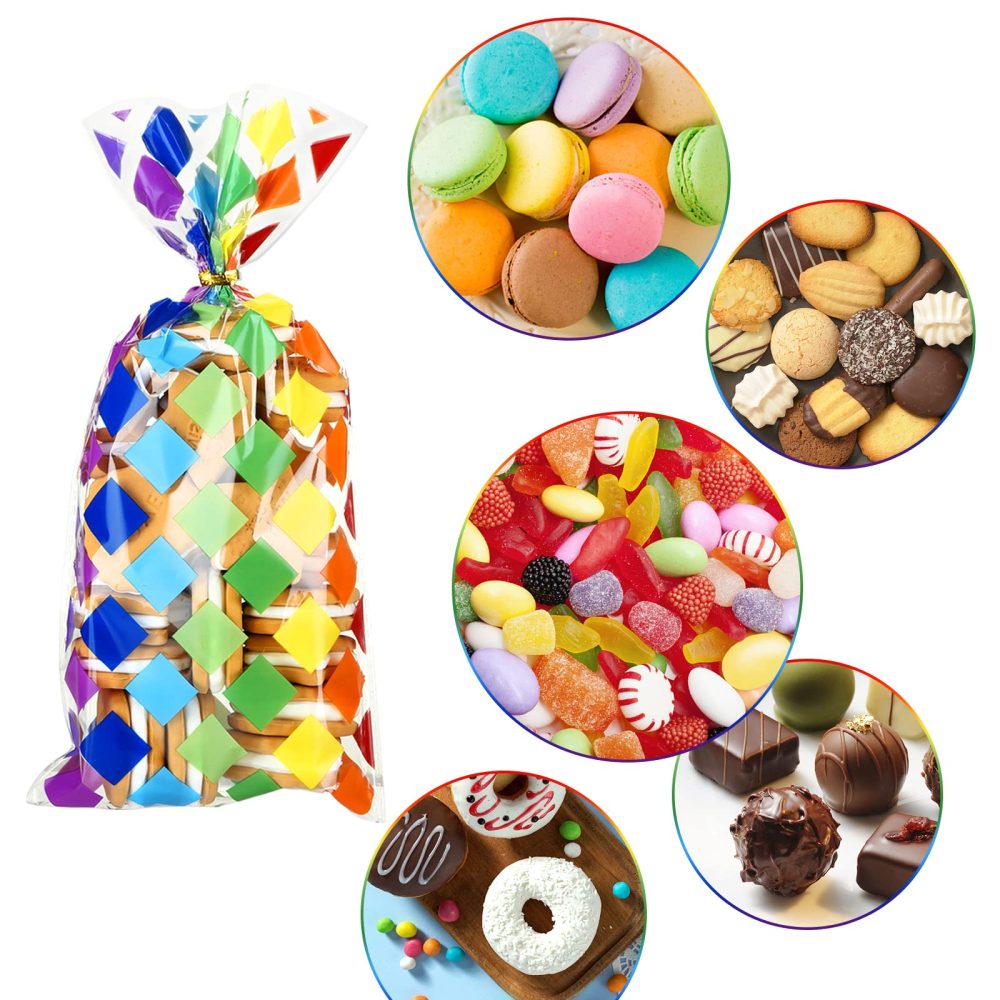 Kesote 100Pcs Rainbow Cellophane Party Bags with Twist Ties 4 Patterns Sweet Bags Cellophane Treat Bags for Birthday Party Wedding Baby Shower, 27 x 13cm - Image 6