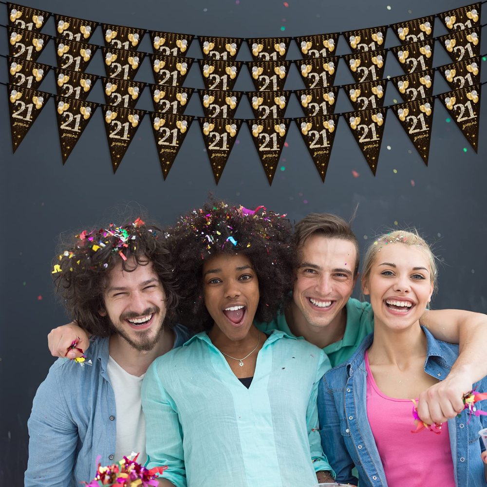 21th birthday bunting, Happy Banner Bunting Flags, 40 Pieces Triangle Gold Black Glitter Diamond by Numbers 21th Birthday Anniversary Theme Party Decoration Supplies - Image 2