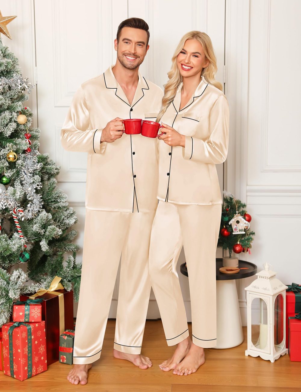 SWOMOG Mens Matching Pyjamas Set Silk Satin Button Down Sleepwear Long Sleeve Nightwear 2 Pcs Pj Set Men Champagne XX-Large - Image 6