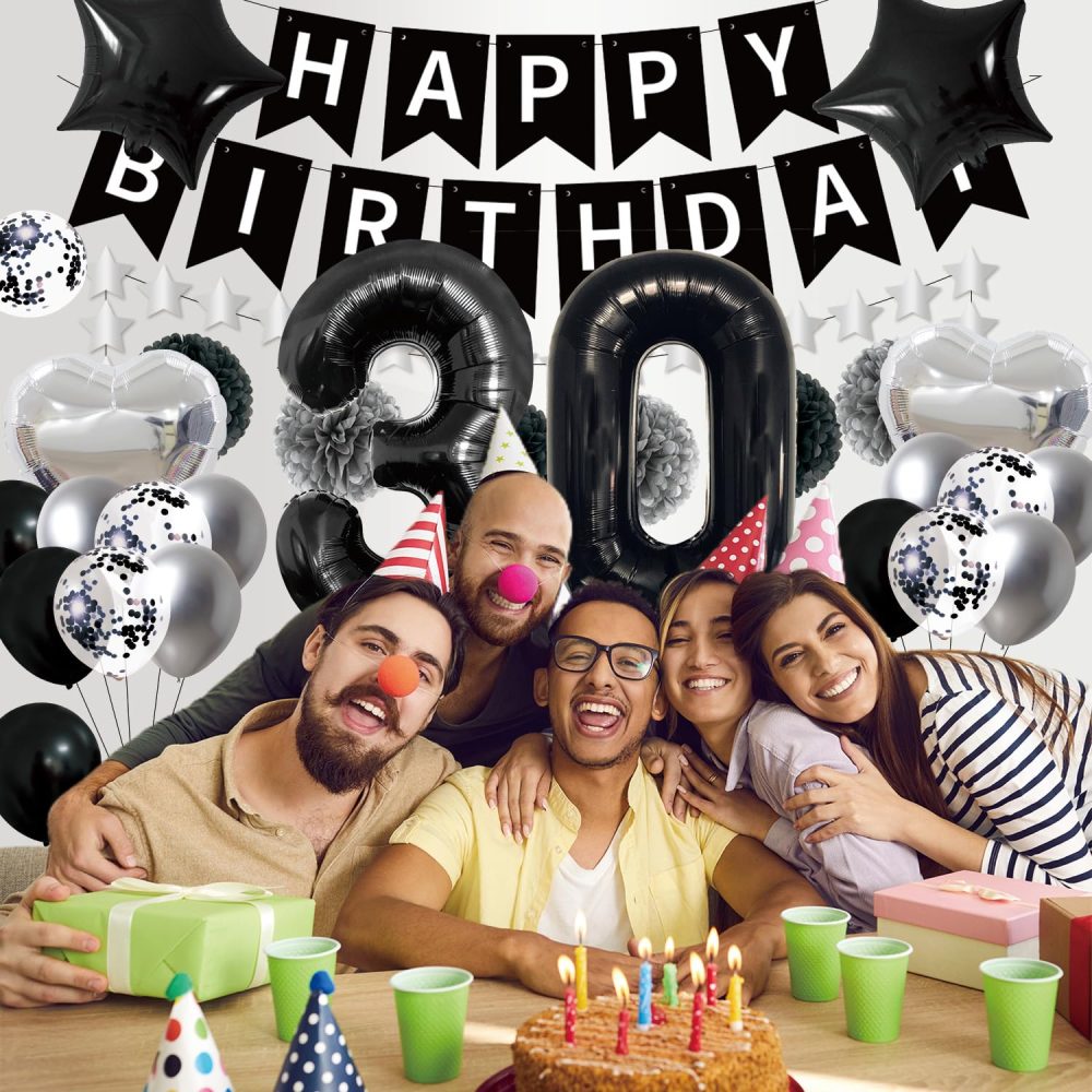 Afritee 30th Birthday Balloon Decorations - Black and Silver Happy Birthday Balloons for Men Women Happy 30th Birthday Banner Large 40" 30 Foil Balloons Cool 30th Birthday Balloons Set Supplies - Image 2