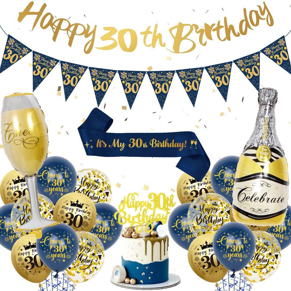 30th Birthday Decorations for Men - Blue Gold Happy 30th Birthday Banners Cake Topper Pennant Latex Balloons Wine Bottle Balloon Sash for 30th Birthday Party Supplies