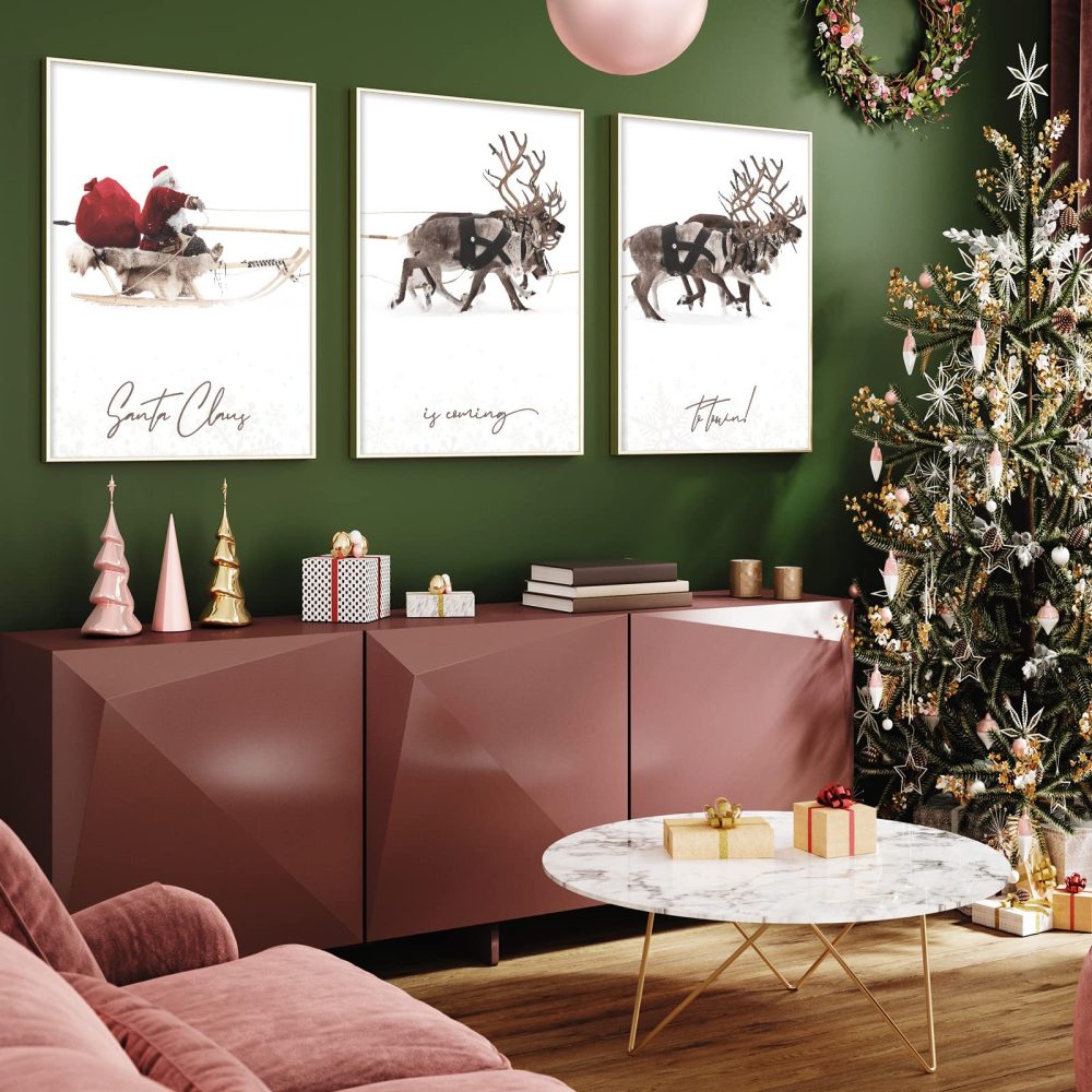 AnyDesign 3Pcs Christmas Wall Art Prints 13x17in Santa Claus Reindeer with Sleigh Art Poster Decor Large Aesthetic Xmas Posters Room Decor for Gallery Living Room Bathroom Wall Decor(UNFRAMED) - Image 4
