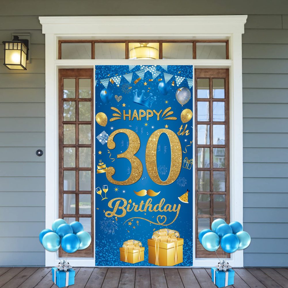 30th Happy Birthday Banner - 30th Birthday Decorations Party Birthday Banner Blue Gold Fabri Birthday Backdrop Door Wall Birthday Decorations for Men Women, 30th Anniversary Birthday Party Supplies