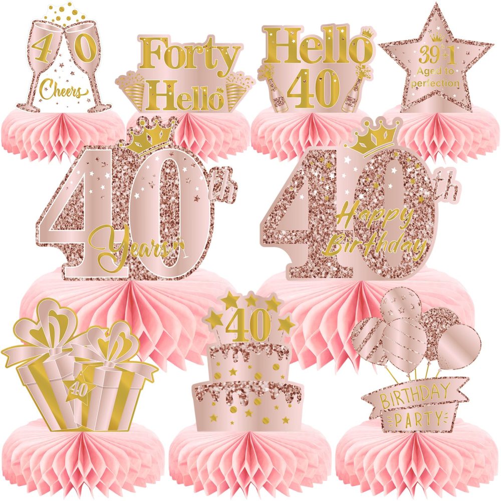 9Pcs 40th Birthday Decorations Pink Rose Gold Honeycomb Centerpieces for Girls,Happy 40th Birthday Table Centerpieces Party Supplies,Forty Year Old Birthday Table Decor
