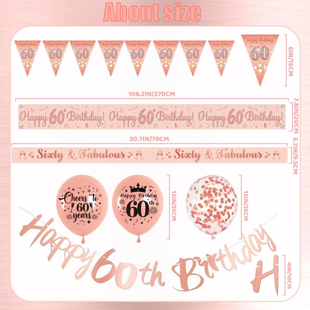 60th Birthday Decorations for Women - 44PCS Rose Gold Latex Confetti Balloons Triangle Flag Sash Decor Happy 60th Birthday Courtyard Banner Party Decoration Kit Supplies for Family Friends - Image 6