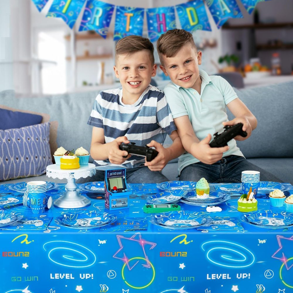 WERNNSAI Blue Video Game Party Tablecloth - 2 Pack 54’’ x 108’’ Birthday Party Decorations for Kids Boys Gamer Party Disposable Plastic Rectangle Table Cover for Gaming Night Geek Game Party Supplies - Image 2