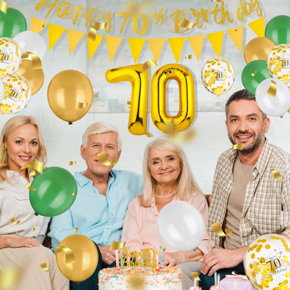 GSrenyu 70th birthday decorations, Gold and Green Birthday Party Decorations Set With Happy 70th Birthday Banner, Number 70 Balloon Triangle Flag Latex Balloons Confetti Cake Topper for Men Women 70th - Image 4