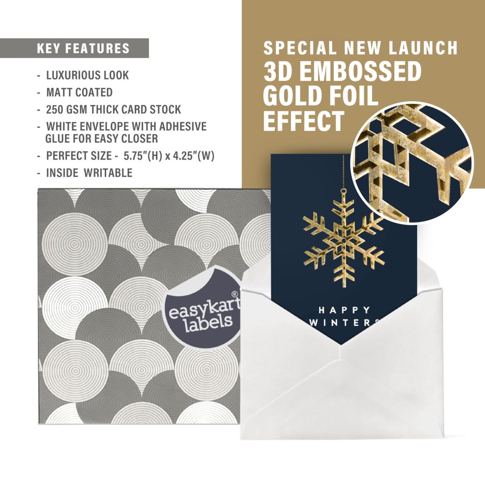 easykart labels 18 Christmas Greeting Card Assortment With Envelopes, Gold Foil With 3D Embossing Effect Design, 5.75 x 4.25 Inch - Image 3
