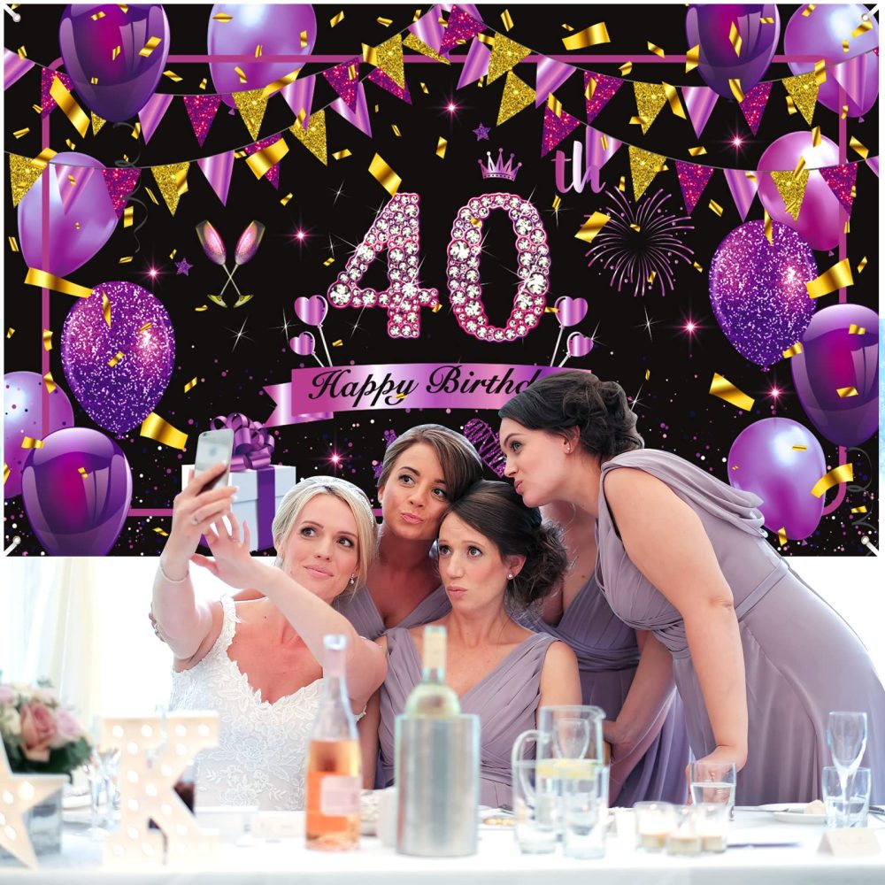 Purple 40th Birthday Decorations Banner Purple Black Gold Happy Birthday Sign Large Shiny Purple Black 40th Birthday Backdrop Background Photo Booth for Women 40th Birthday Anniversary Party Supplies - Image 4