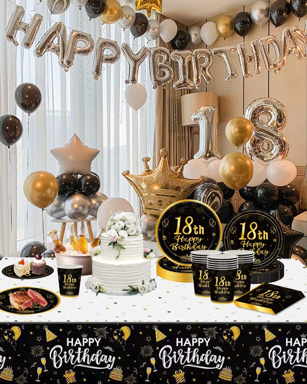 VReder Black Gold 18th Birthday Decorations Paper Plates Napkins Tableware Table Cloth Set, Disposable Paper Party Tableware for Women Men 18th Birthday Party Decorations Table Supplies (16 Guests) - Image 3