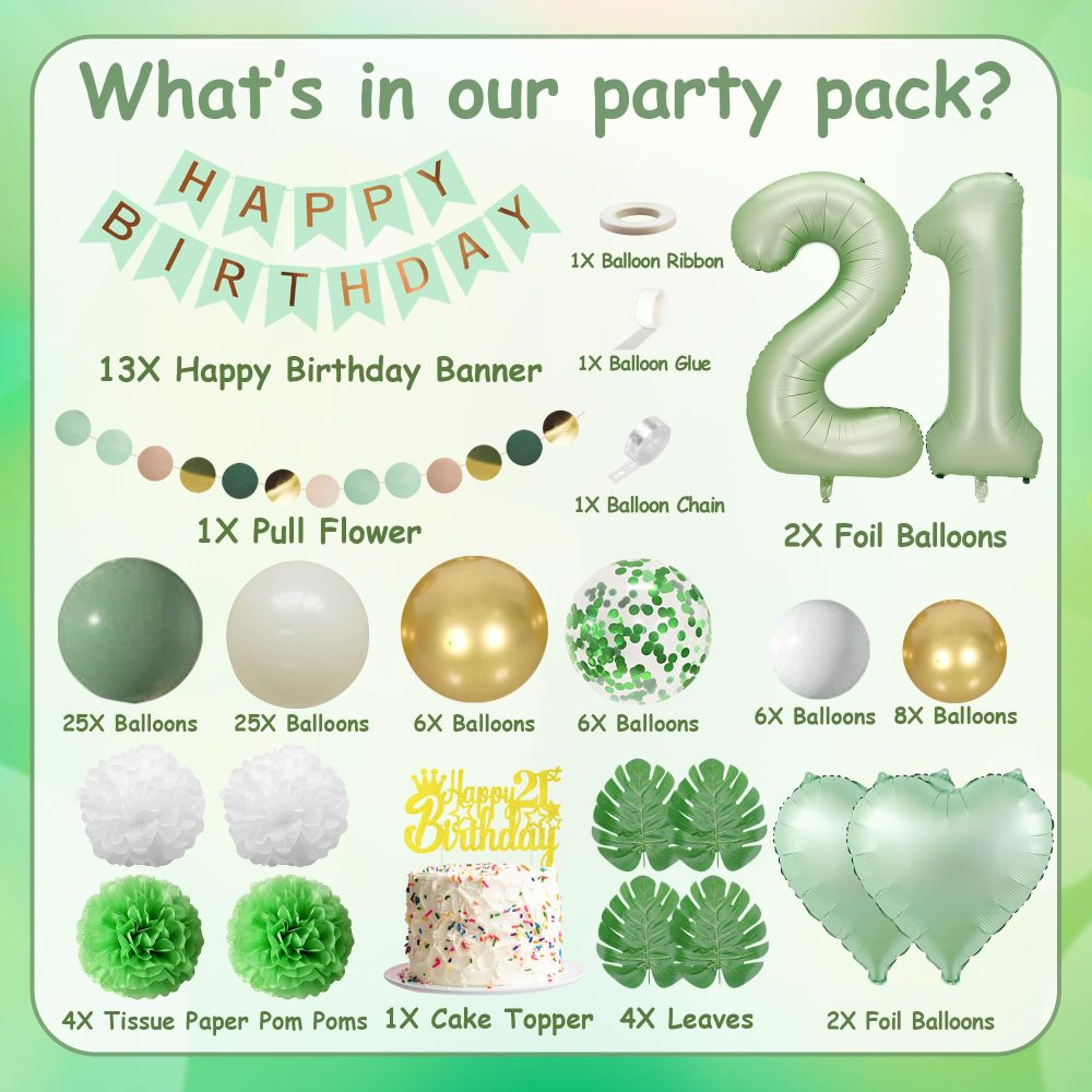 Sage Green 21st Birthday Decorations - 103 Pieces Green Gold Decoration, Happy Birthday Banner, Numbers 21 Foil Balloon, Paper Pompoms, Garland, Cake Topper, For Women Men 21st Birthday Supplies - Image 7