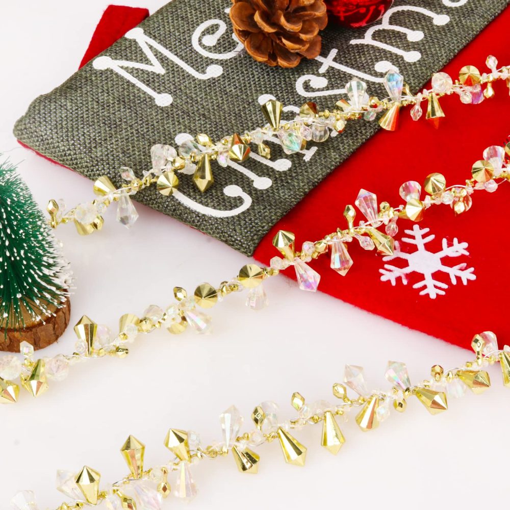 Fowecelt Christmas Tree Beads Garland - 20 Feet Clear Crystal Acrylic Iridescent, Gold Bead Garland for Christmas Tree, Twist Bead String Hanging Beads for Wedding Party Decoration - Image 3