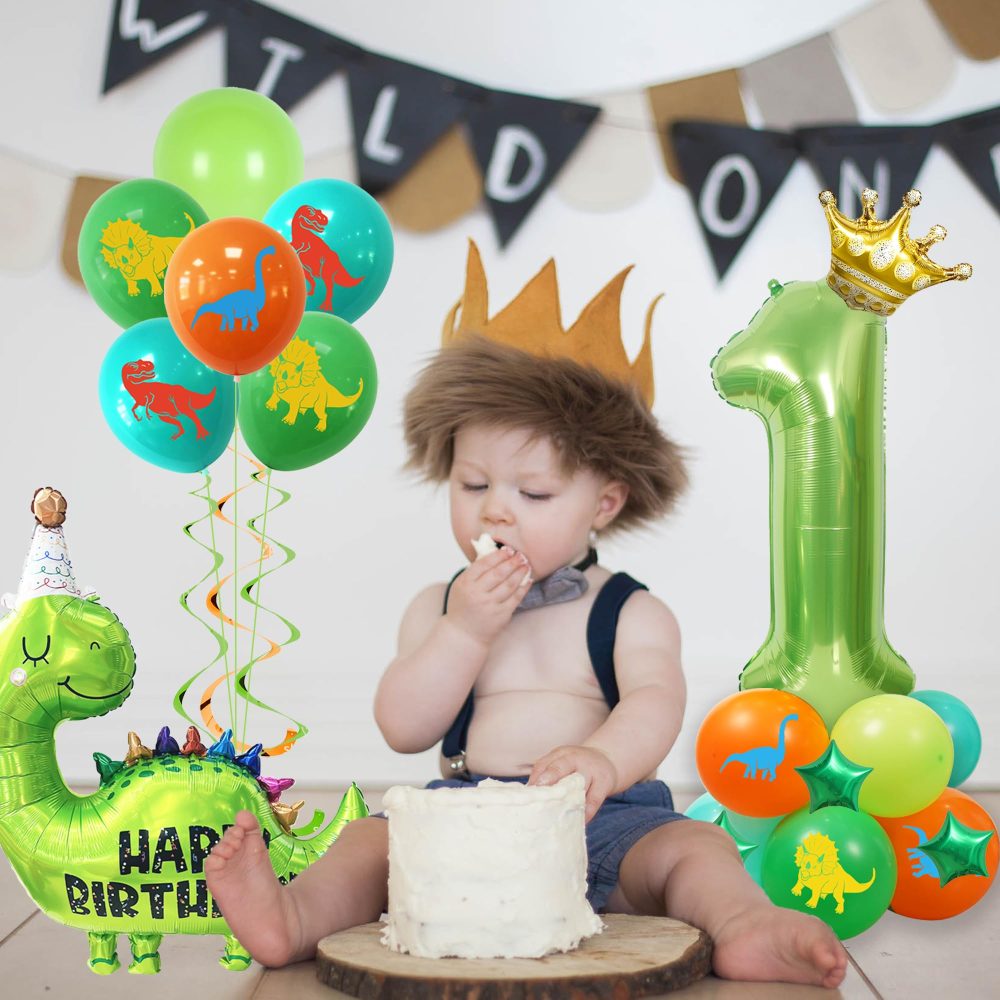 Dinosaur 1st Birthday Decorations Balloons - 25 Pieces Dinosaur Themed Decorations, Number 1 Balloon, Mini Golden Crown and Tyrannosaurus Foil Balloons, For Kid's Birthday Dino-Themed Baby Shower - Image 4