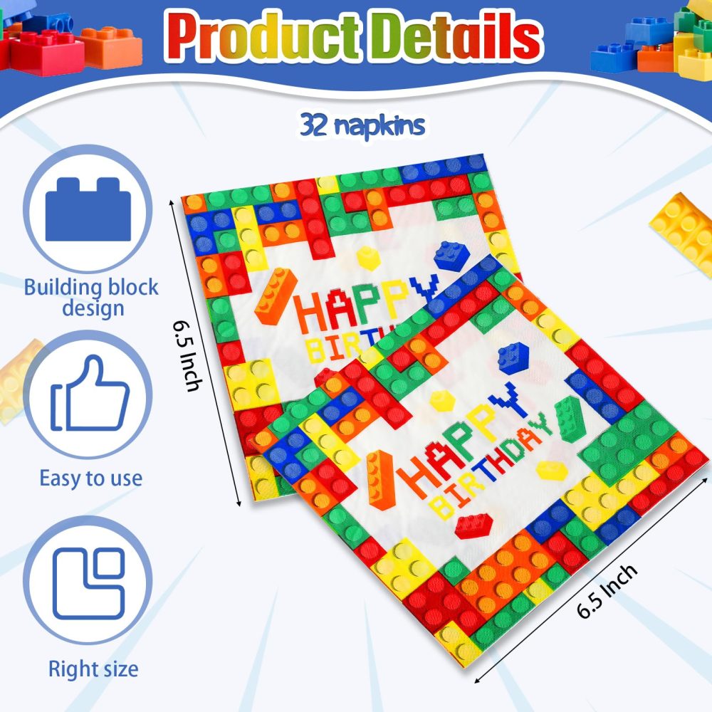 Tenare 32 Pcs Multicolor Building Blocks Happy Birthday Napkins Luncheon Paper Napkins 6.5 x 6.5 Inches Disposable Festive Napkins for Adults Birthday Party Supplies - Image 3