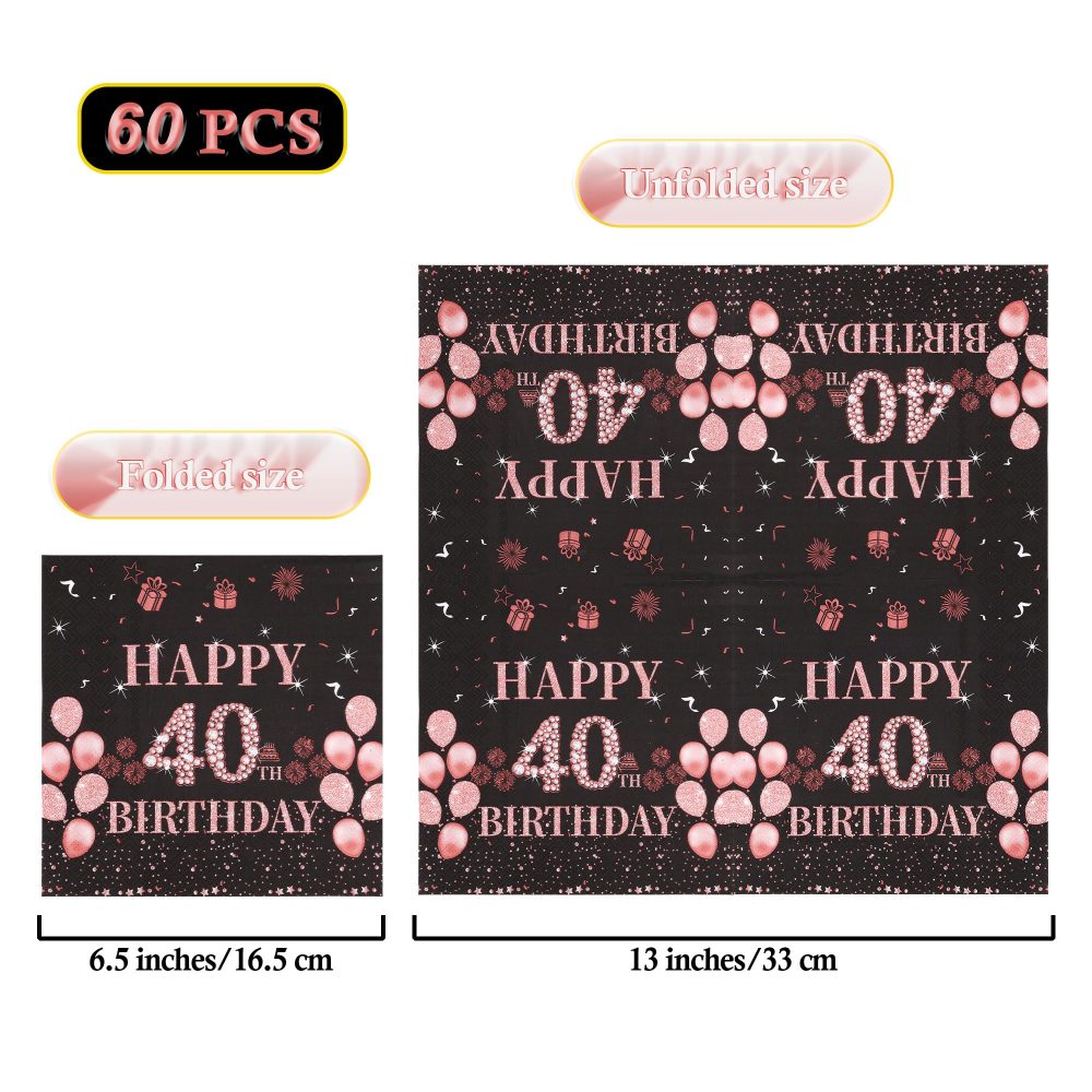 TOPWAYS Black Rose Gold Gold 40th Birthday Decorations Paper Napkins, 60pcs Disposable Paper Birthday Napkins Table Decoration for Women Lady Her 40th Birthday Party (40th) - Image 4