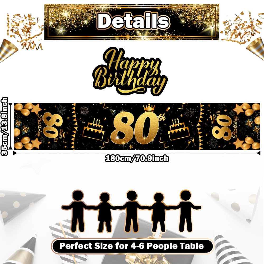 80th Birthday Table Runner Black Gold Happy 80th Birthday Table Runner for Men Women 80 Years Old Birthday Anniversary Celebration Party Non-Slip Dining Table Linen Cloth Decorations, 180x35cm Long - Image 7